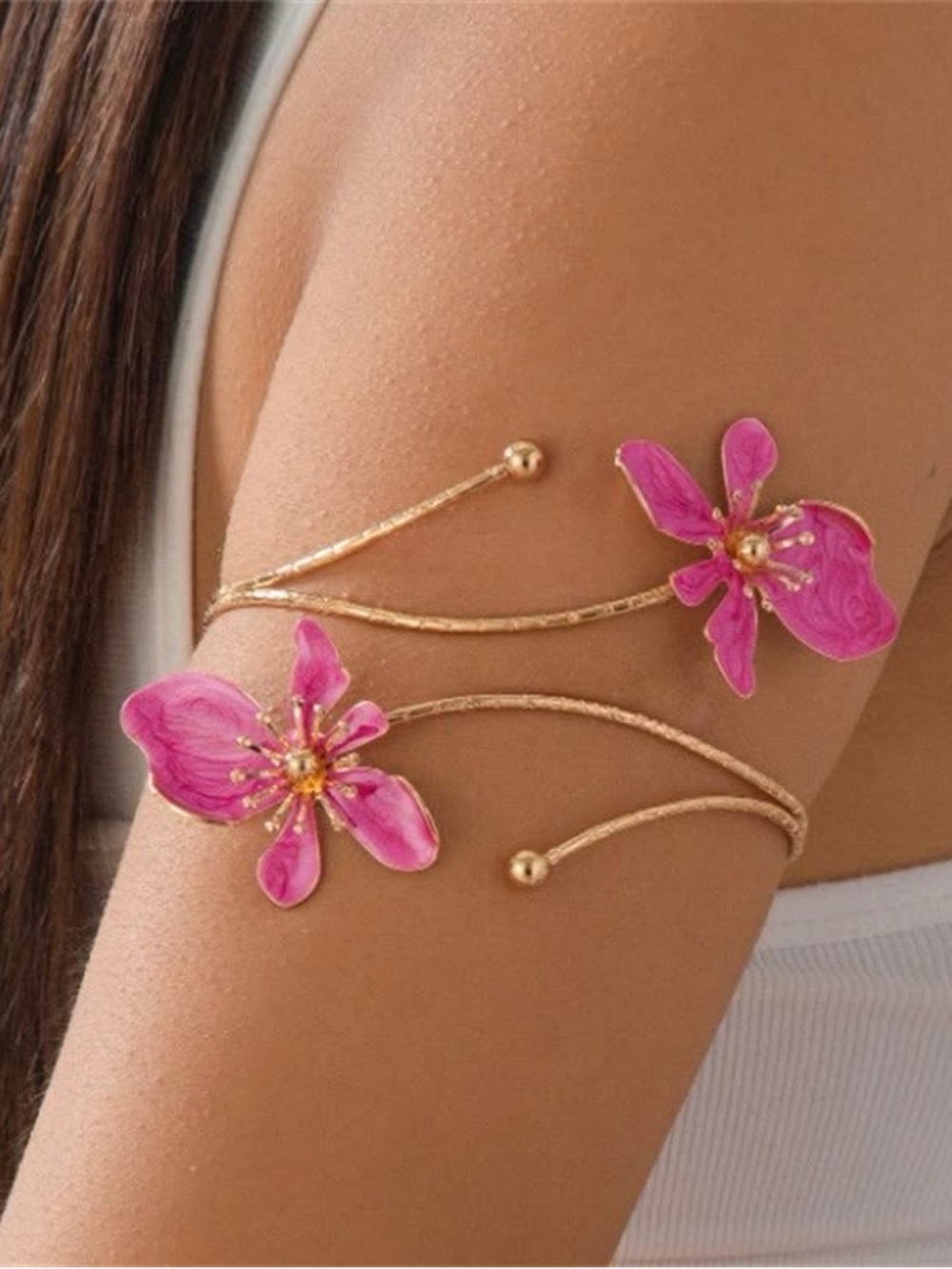 Gold Arm Cuff Bracelet with Pink Floral Accents